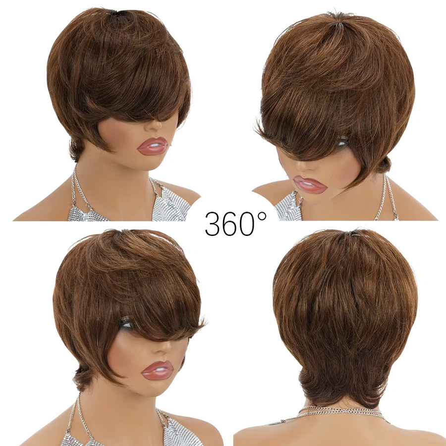 OYM HAIR Pixie-Cut-Echthaarperücke, braun, texturiert, mit Pony - Bild 4