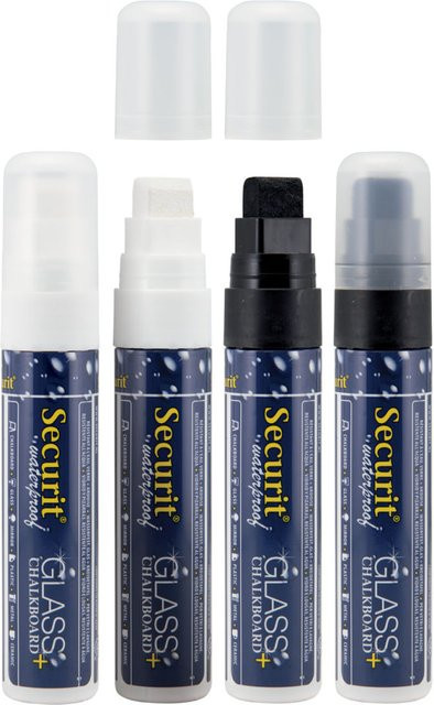 Securit 4er-Set Flüssigkreidemarker Waterproof mit rechteckiger Spitze in Weiß, Schwarz und Mehrfarbig - Bild 1