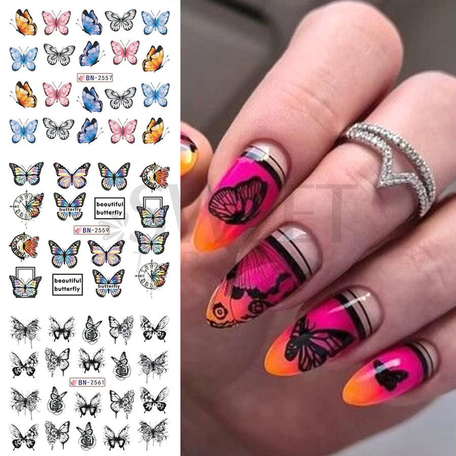 SWEET TREND Nagelwasseraufkleber Schmetterling Sommerblumen, 12 Stück, Glänzend - Bild 2
