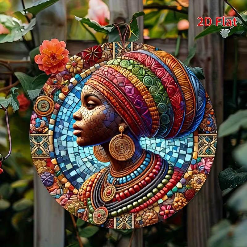 Potdemiel Afrikanische Damen-Mosaik Metallwandkunst, Runde Aluminium-Wanddekoration mit Ethnic-Mustern, Mehrfarbig, Durchmesser: 20,3 cm - Bild 2