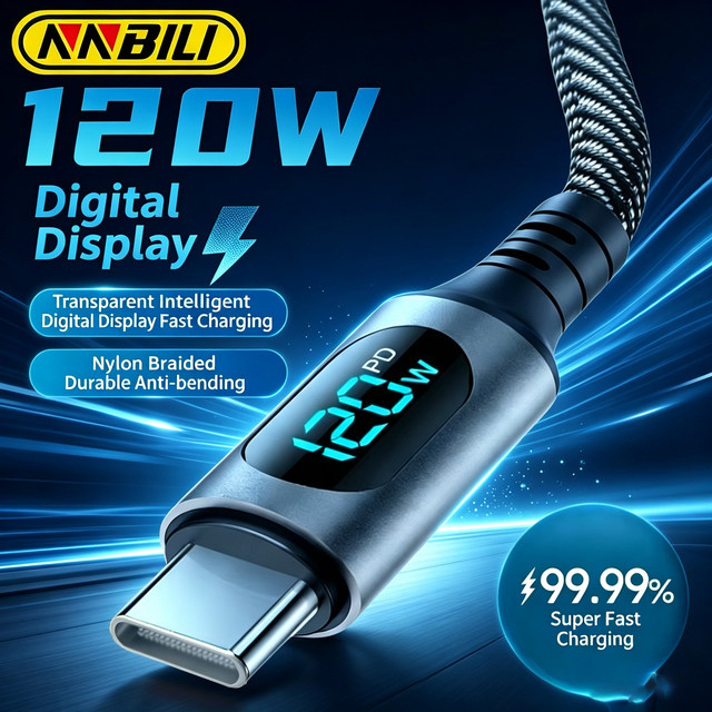 NNBILI USB Typ C zu Typ C Schnellladekabel 120W mit LED-Digitalanzeige und USB A zu Typ C Datenkabel für Huawei, Honor und Xiaomi - Bild 1
