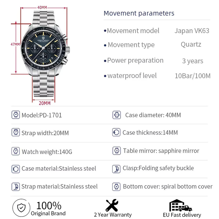 PAGANI DESIGN Chronograph, Quarz, Edelstahl, Blau, Herren - Bild 5