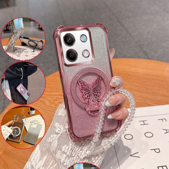 Stoßfeste Anti-Sturz-Handyhülle für Xiaomi Redmi Note 13 Pro Plus mit Glitzer-Schmetterlingsständer und Kristall-Lanyard in Pink - Bild 1