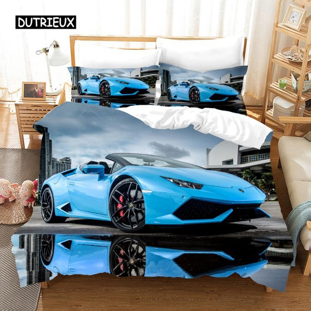 Bettwäscheset Sportwagen Rennwagen mit Bettbezug und Kissenbezug aus Polyester in Blau, B/H: 135 x 200 cm - Bild 1