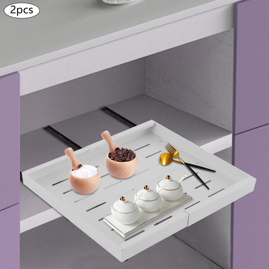 Bymaocar 2-teiliger ausziehbarer Schrankorganizer aus Metall in Weiß, 42 cm Schiebeorganizer mit Lüftungsöffnungen für Küche, Speisekammer und Badezimmer - Bild 2