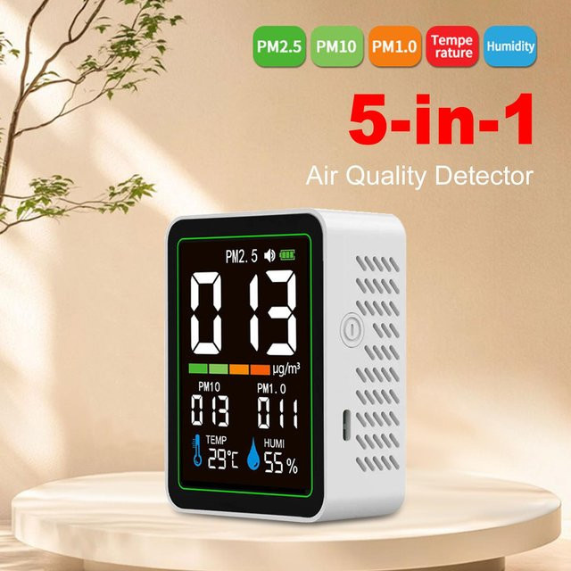 Musysh 5-in-1 Luftqualitätsmonitor mit LCD-Farbbildschirm und PM2.5 PM10 PM1.0 Detektor sowie Temperatur-Feuchtigkeitsmessgerät in Schwarz - Bild 1
