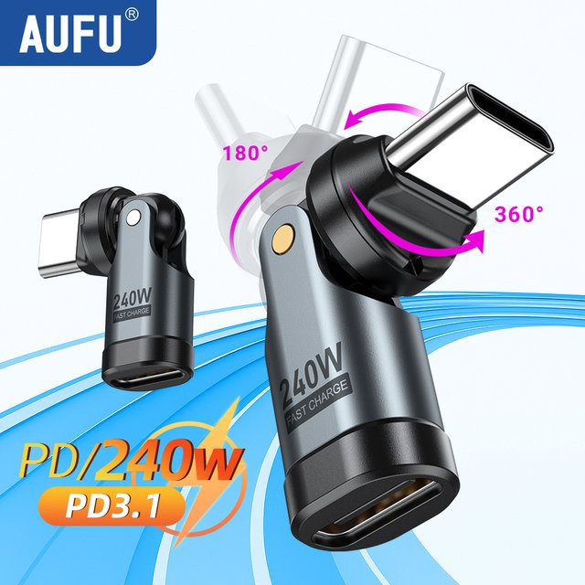AUFU 240W USB-C Adapter mit 5A Schnellladefunktion, rotierbarer USBC-Stecker auf Typ-C Buchse Konverter in Schwarz für iPhone, Laptop und Macbook - Bild 1