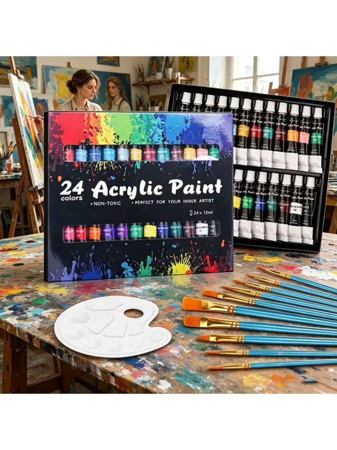 Acrylfarben-Set von kissbuty mit 24 Farben in 12ml Tuben und professionellen Pinseln, Multicolor, ideal für Künstlerzeichnungen und DIY-Kunstprojekte - Bild 5