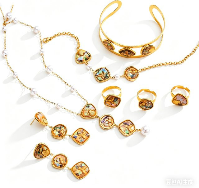 Loe Schmuckset, Muschel-Ohrringe, Halskette, Edelstahl, Perle, Gold - Bild 1