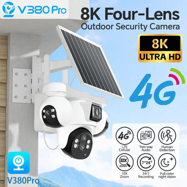 V380 PRO 4-Linsen 4-View Solar-PTZ-Kamera mit 4G LTE, 10-fach Zoom, IP65 wasserdicht, Zwei-Wege-Audio und Farbnachtsicht, Weiß - Bild 1