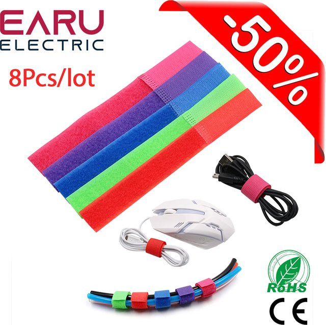 EARU Kabelbinder Set aus Nylon mit Klettverschluss, 8 Stück, Multicolor, Kabelmanagement-Organizer für PC-Stromkabel, Maus und Kopfhörer, Länge: 18 cm - Bild 1