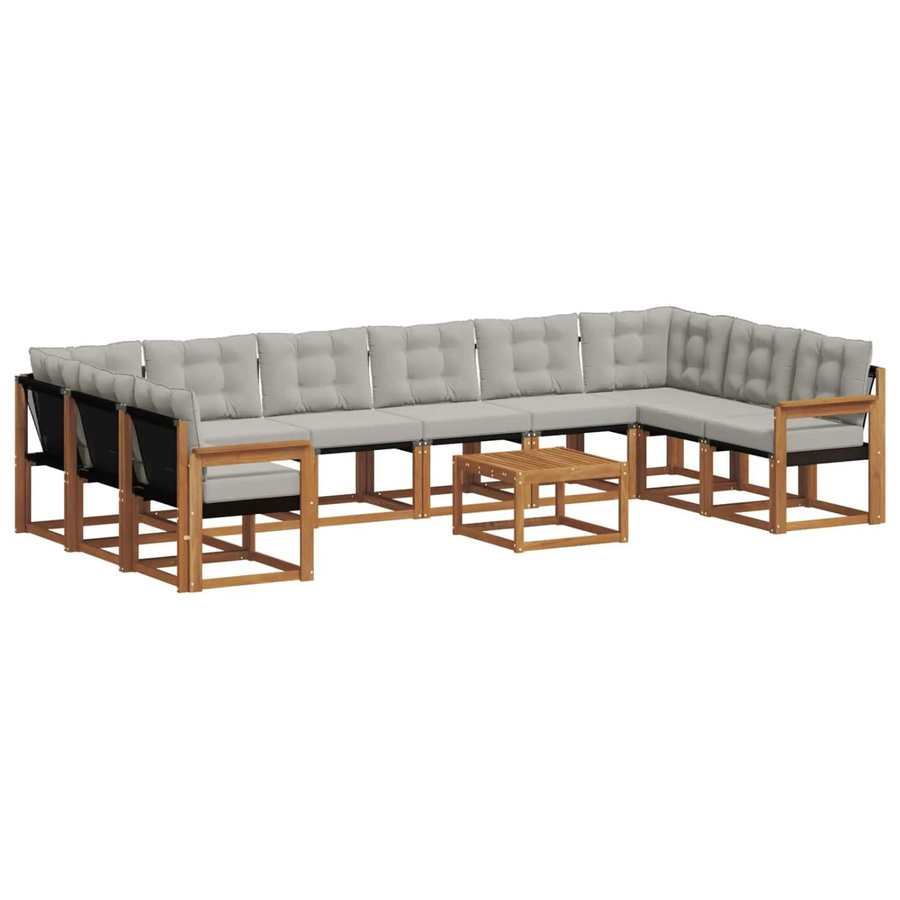 vidaXL Outdoor-Sofagarnitur aus Akazienholz in U-Form mit Textilene und Kissen, 11-teilig, Natur und Grau - Bild 2