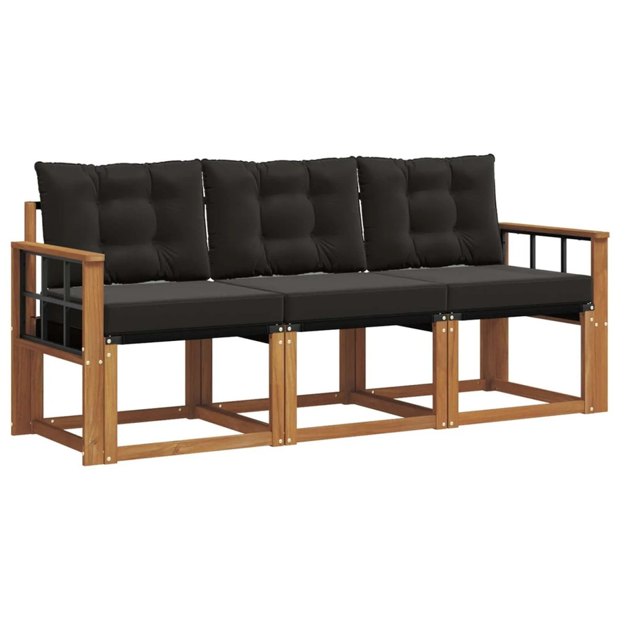 vidaXL Outdoor-Sofagarnitur 3-teilig aus massivem Akazienholz mit Textilene und Kissen in Schwarz und Natur - Bild 2
