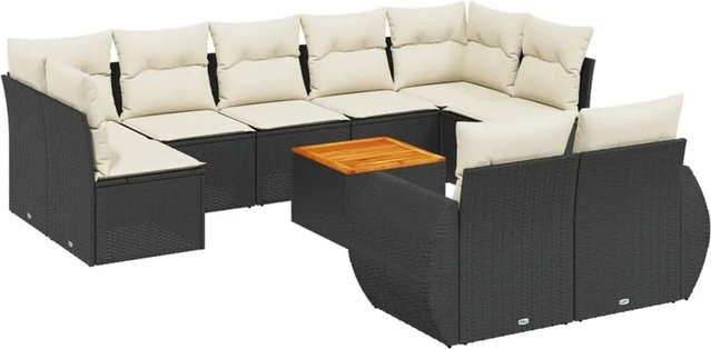 vidaXL 10-tlg. Garten-Sofagarnitur in L-Form aus Polyrattan und Akazienholz mit Kissen in Schwarz-Creme - Bild 1