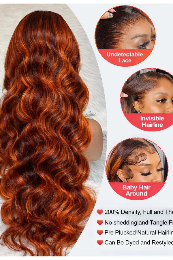 Duoxuan Lace Front Perücke, Echthaar, Ombre Body Wave, Ingwer-Orange-Braun - Bild 3