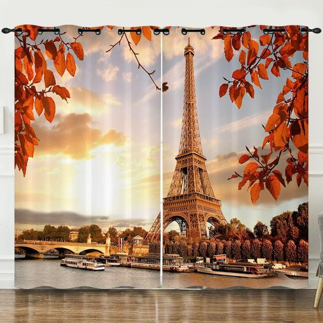 Yiran Furniture 2-teiliges Vorhang-Set mit Paris Eiffelturm Motiv in Multicolour, semi-transparent, Breite: 50 cm, Höhe: 60 cm - Bild 1