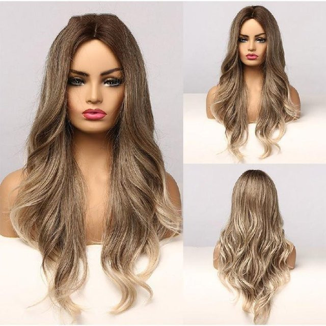 Damen Perücke, Braun-Blondes Ombré, Mittelscheitel, Lange Lockige Perücke - Bild 1
