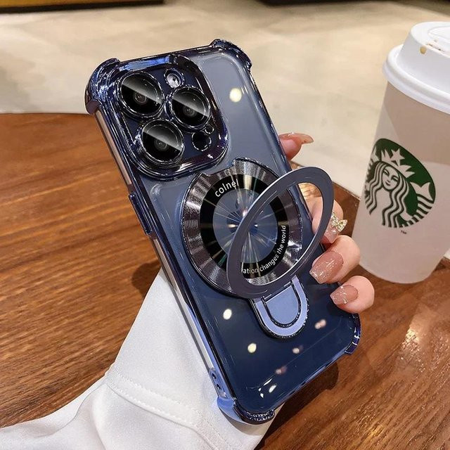 Magnetische Schutzhülle für Apple iPhone mit integriertem Ständer und Magsafe Kompatibilität, Stoßfest und Galvanisiert, Farbe: Schwarz - Bild 1