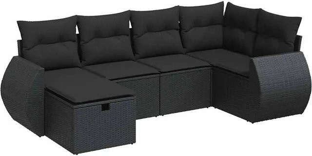 vidaXL 6-teilige Garten-Sofagarnitur in L-Form aus Polyrattan mit Kissen in Schwarz - Bild 1
