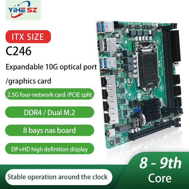 YiHESZ C246 Mini-ITX NAS Motherboard in Grün, LGA1151 für 8./9. Generation Intel Core CPU, 8x SATA 3.0, 4x I226 2.5G LAN, 2x M.2 NVMe, 2x DDR4, PCIe 16x - Bild 1