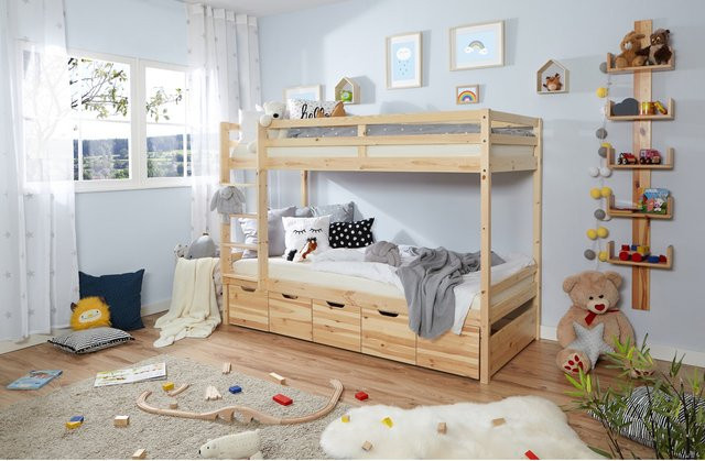 TiCAA Etagenbett Finn aus massivem Kiefer Holz in Natur Braun mit 5 Schubkästen - Bild 1
