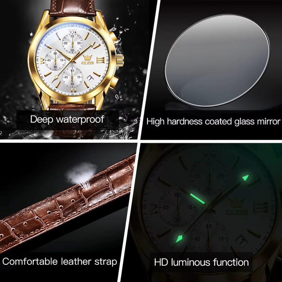 Olevs Chronograph Armbanduhr, Quarz, Leder, Gold, Herren - Bild 4