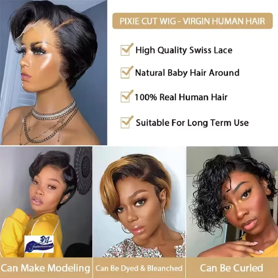 FUGANGXIU Remy Perücke, 8 Zoll Pixie Cut, Echthaar, Schwarz, Damen - Bild 2
