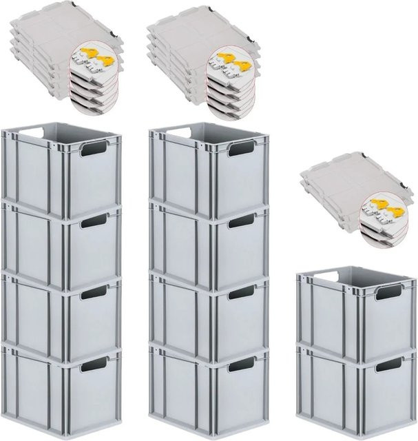 PROREGAL Spar Set 10x Eurobox Nextgen Economy mit Scharnierdeckel und gelben Schiebeschnappverschlüssen, Grau, H x B x T: 32 x 30 x 40 cm, 30 Liter - Bild 1