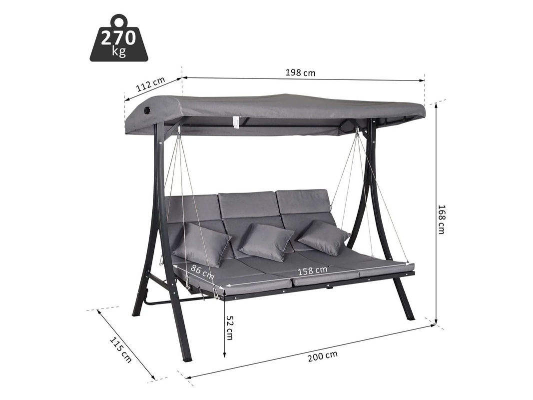 Outsunny Hollywoodschaukel aus Metall in Grau mit Sonnendach und Kissen, B/H/T: 200 x 168 x 115 cm - Bild 4