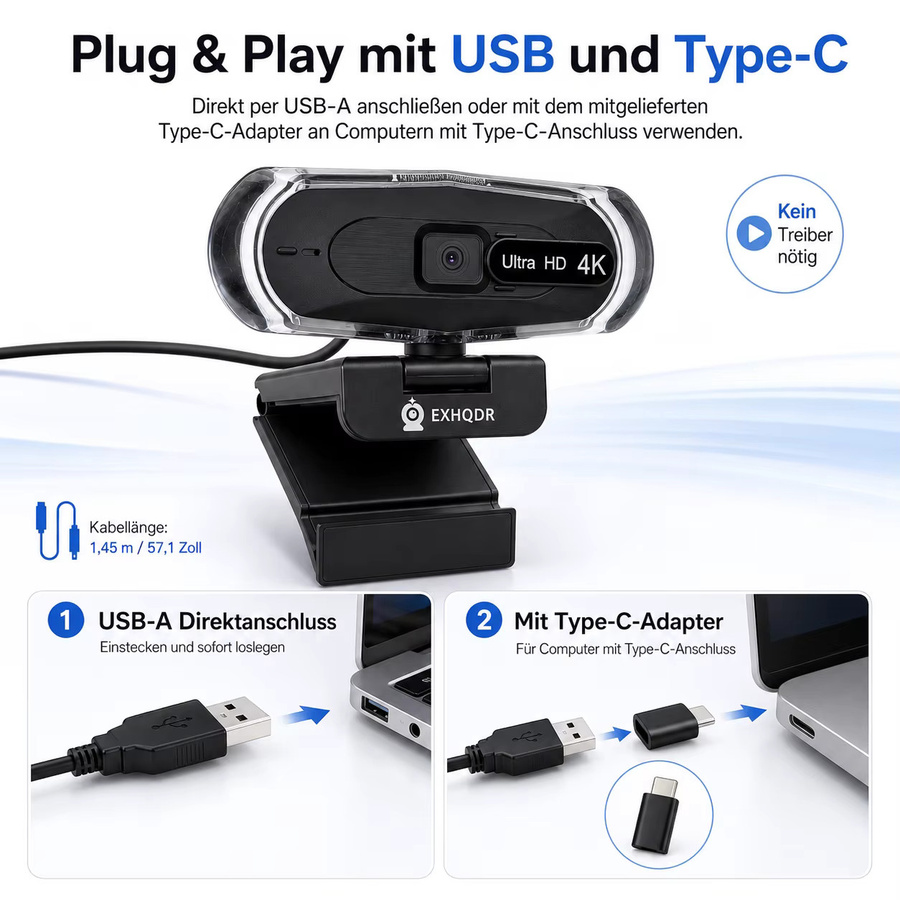 EXHQDR 4K UHD Webcam mit Autofokus, zwei Mikrofonen, RGB-Beleuchtung und Sichtschutzabdeckung in Schwarz - Bild 5