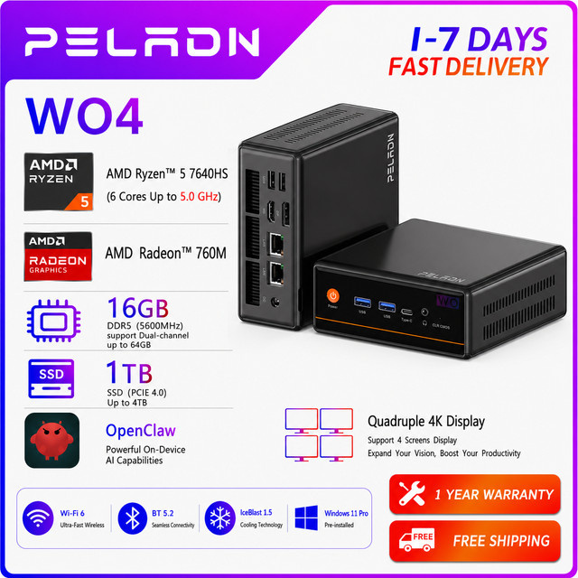 PELADN Gaming WO-4 Mini-PC mit AMD Ryzen 5 7640HS, 32 GB DDR5 RAM, 1 TB PCIe3.0 SSD, Schwarz - Bild 1