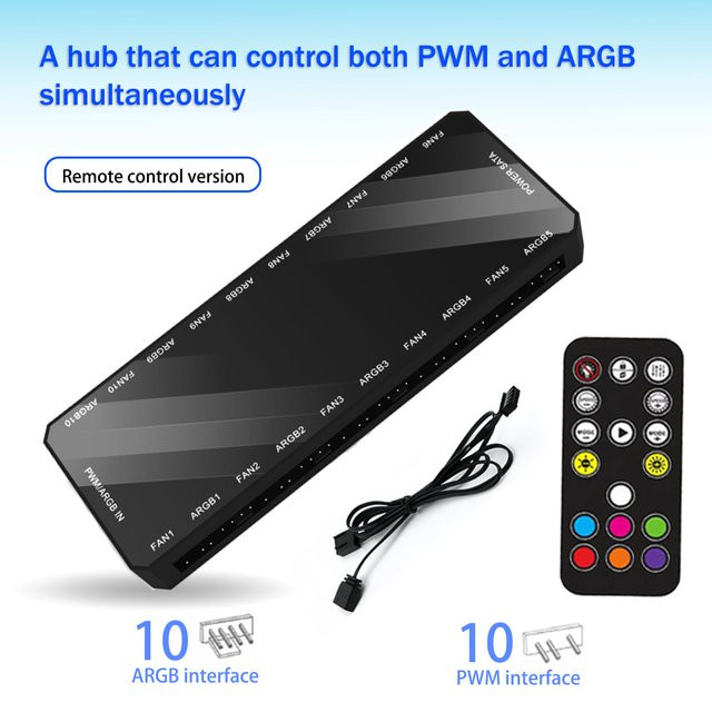 AuyiHomu Dualer 10-Wege ARGB PWM Lüfter-Hub mit Fernbedienung, 5V 3-Pin RGB-Controller und 4-Pin PWM-Splitter in Schwarz für PC-Kühlung und Beleuchtungssynchronisation - Bild 1