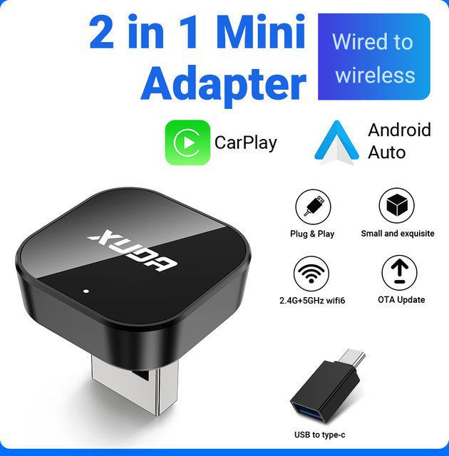 XUDA 2-in-1 Kabelloser CarPlay und Android Auto Adapter, 5GHz WLAN, USB-C und USB, Schwarz - Bild 1