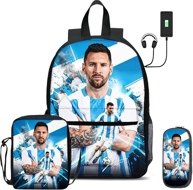 Fancy Style Studio M-Messi 3-teiliges Schultaschen-Set mit Rucksack, Umhängetasche und Federmäppchen in Blau mit USB-Schnittstelle und Fußball-Design - Bild 1