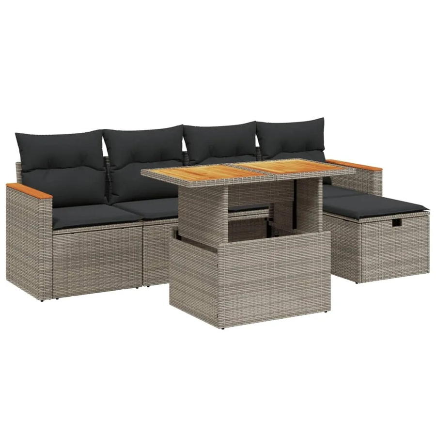 vidaXL 6-teilige Garten-Sofagarnitur in L-Form mit Kissen und Couchtisch, Grau, Poly Rattan und Akazienholz - Bild 2