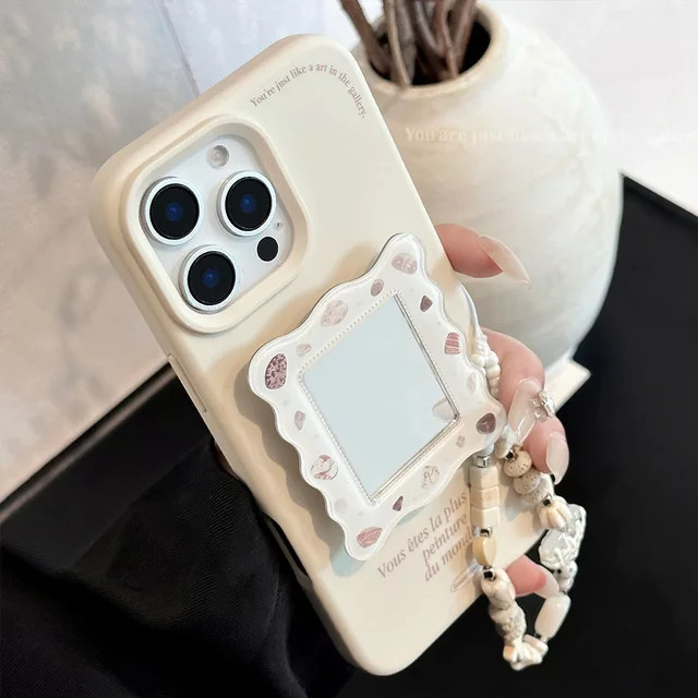 Apple iPhone Schutzhülle mit Koreanischen Buchstaben Design, Make-up Spiegel und Lanyard, stoßfeste Handyhülle für iPhone 17 16 15 14 13 12 Pro Max - Bild 1