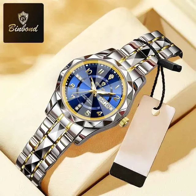 BINBOND Armbanduhr Edelstahl, Quarz, Blau, Gold, Damen - Bild 1