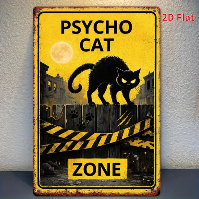 CIFBUY Halloween Psycho Cat Metall-Wandschild, rustikale Eisenkunstdekoration in Gelb, B: 30,0 cm, H: 20,0 cm - Bild 1