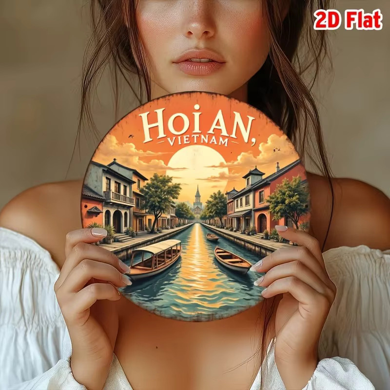 Potdemiel Wandkunst Hoi-An Vietnam Landschaft mit traditionellen Booten und Architektur, runde Metall-Wanddekoration in Mehrfarbig, orientalischer Stil - Bild 2