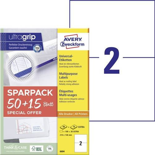 Avery Zweckform Universal-Etiketten ultragrip Weiß, 130 Stück, B/H: 21,0 x 14,8 cm - Bild 1