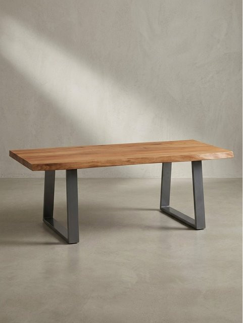 KADIMA DESIGN Couchtisch aus Akazie Massivholz mit Metall-Trapezbeinen und Baumkante in Akazie-Silber, B/T/H: 120 x 60 x 46 cm - Bild 1