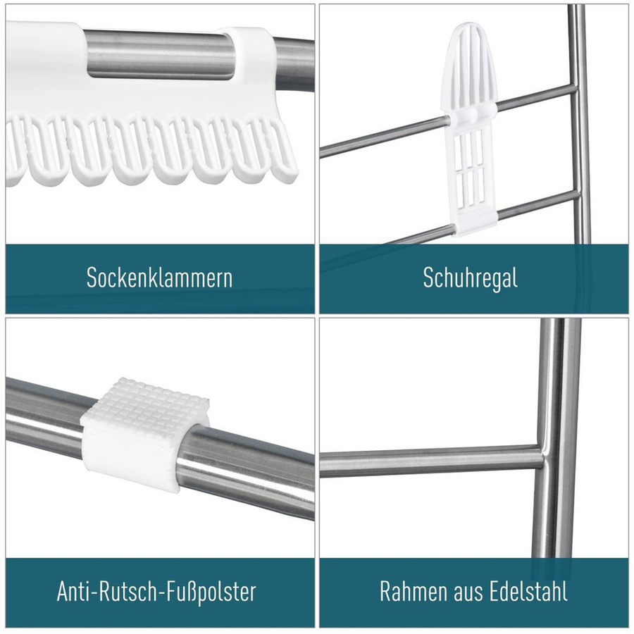 HOMCOM Faltbarer Wäscheständer mit Flügelarmen aus Edelstahl und Kunststoff, Silber/Weiß, B/H/T: 148 x 98 x 60,5 cm - Bild 2