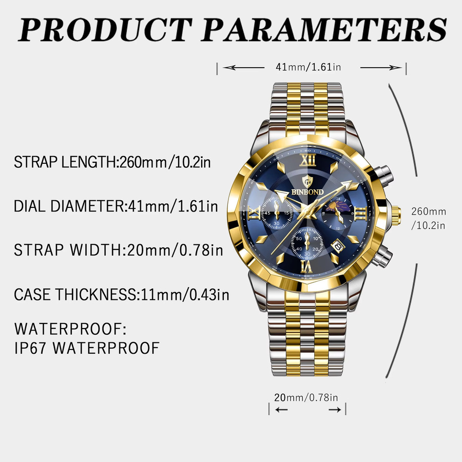 BINBOND Armbanduhr Chronograph, Quarz, Edelstahl, Blau, Herren - Bild 3