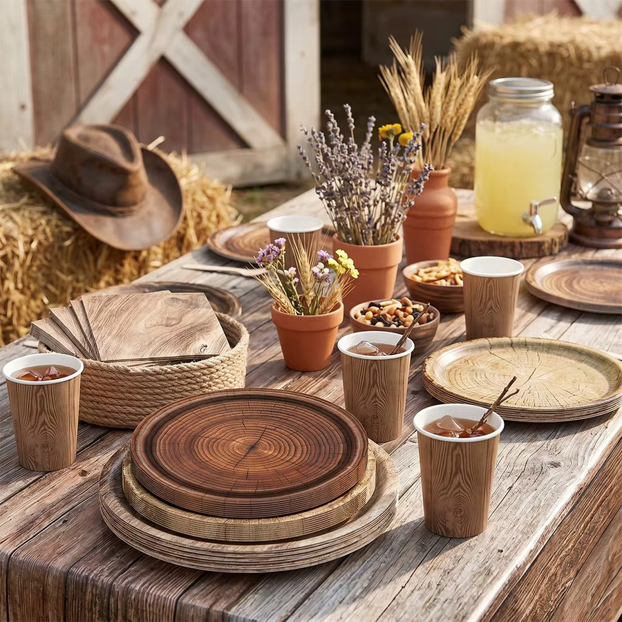 EsenTroye Rustikales Tischset im Western-Farmhouse-Stil mit Holzmaserung in Braun: Pappteller, Servietten und Becher für deine Landhaus- und Cowboy-Party-Dekoration - Bild 2
