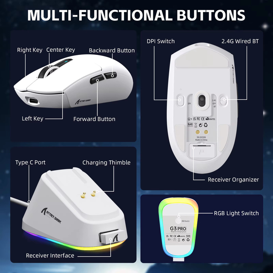 ATTACK SHARK G3PRO Gaming-Maus mit magnetischer Ladestation, PixArt PAW3311 Sensor, kabellos via Bluetooth oder 2,4 GHz sowie kabelgebunden, Farben: Schwarz oder Weiß - Bild 5