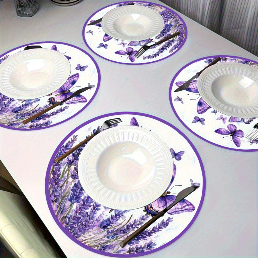 VIKAMA 4er Set Esstischmatten mit Lavendel- und Schmetterlingsmuster in Lila, runde Platzsets für den Esstisch - Bild 2