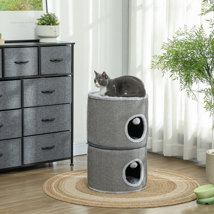 Pawhut modularer Katzenturm von Aosom in Grau mit 3 Ebenen, Kratztonne, Höhle und integriertem Spielzeug, Höhe: 69 cm - Bild 2
