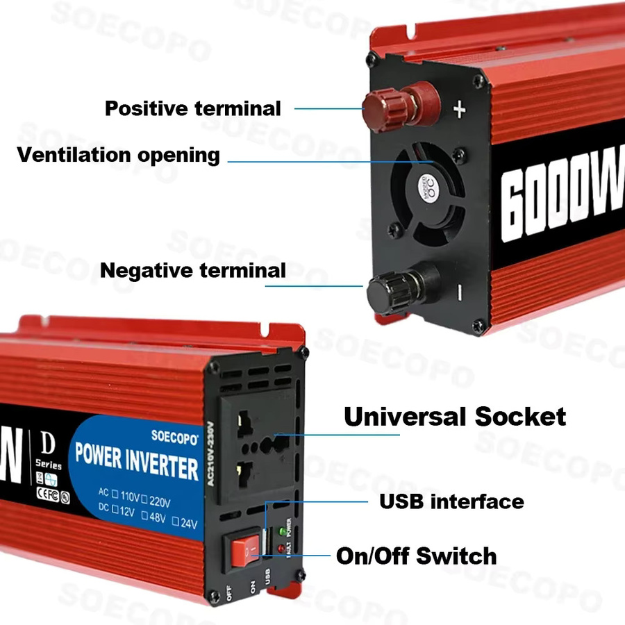 Soecopo Ultra 6000 W Smart Inverter Universal Wechselrichter in Rot, 12 V/24 V/48 V Eingang für 110 V/220 V Ausgang, tragbar für Wohnmobile und LKWs - Bild 2