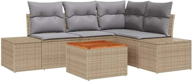 vidaXL Garten-Sofa-Set 5-teilig in Beige und Hellgrau mit Polstern und L-Form aus Polyrattan, Akazienholz und pulverbeschichtetem Stahl - Bild 1