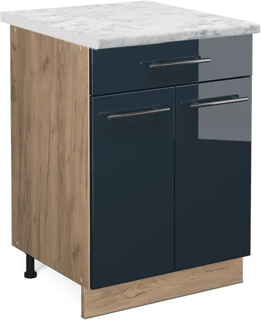 Vicco Küchenunterschrank Fame-Line Schubunterschrank in Dunkelblau Hochglanz und Eiche mit weißer Marmor Arbeitsplatte Breite: 60 cm, Höhe: 82 cm, Tiefe: 51,6 cm - Bild 2